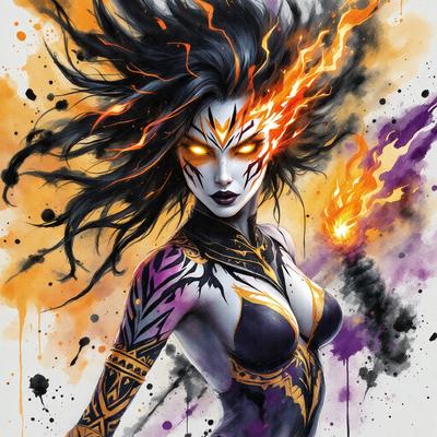 The primary subject of the image is a woman with a striking appearance. She is wearing a black and yellow outfit, and her face is painted with a mix of black and orange colors. The setting is a colorful and vibrant background, which complements the woman's unique look. The visual style of the image is a digital art or illustration, showcasing the woman's striking features and the vivid colors of her outfit. The overall atmosphere of the image is bold, creative, and eye-catch